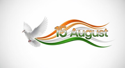 White Dove Flying with Indian Flag Colors and "15 August" Text