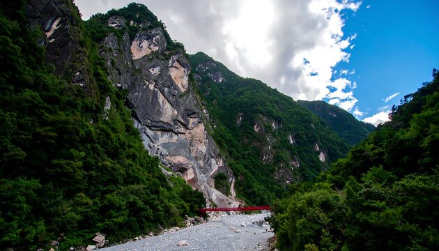 Mountainous valley scene with a red bridge - Powered by Adobe