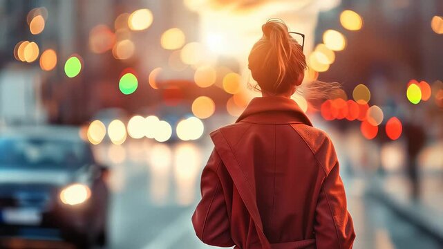 A woman stands in silhouette, gazing out at the bustling cityscape filled with warm bokeh lights, representing introspection and connection amidst urban life.