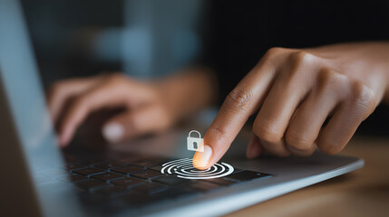 Finger touching virtual fingerprint scanner on laptop. Concept of digital security, authentication, and technology protection.