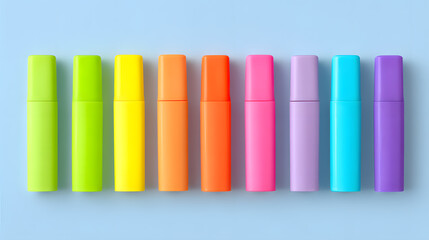 Fototapeta premium Set of colorful highlighters arranged in a row. Perfect for school stationery visuals, creative office content, or study supply branding.