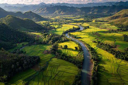 Aerial view of a lush green valley with a winding river flowing through terraced rice fields, surrounded by rolling hills and mountains