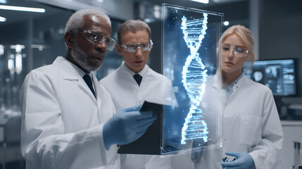 Science team observing digital interface with DNA strand. Concept for modern genetics, research collaboration and scientific development.