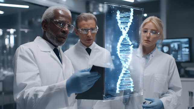 Science team observing digital interface with DNA strand. Concept for modern genetics, research collaboration and scientific development.