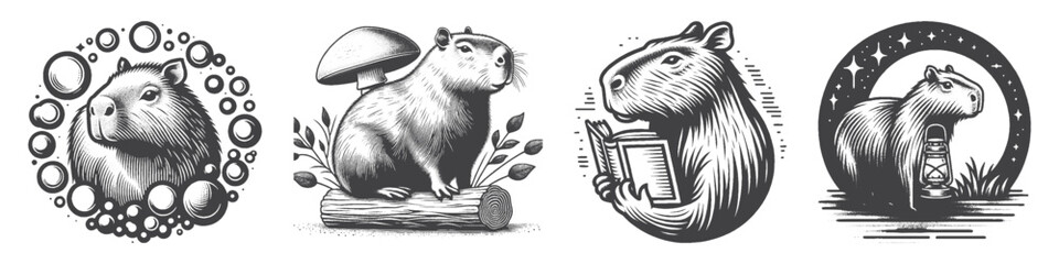 Vintage Hand-Drawn Capybara With Mushroom Illustration, Gentle Rodent Engraved Vector for Nature and T-Shirt Design
