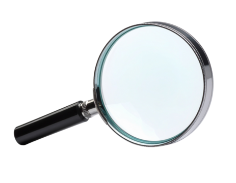  Modern Transparent Magnifying Glass Tilting at an Angle, Stainless Steel Frame, Isolated on White Background