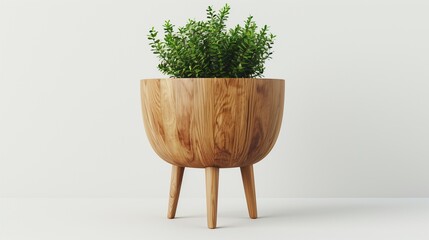 contemporary tripod wooden plant pot with tapered legs on white background