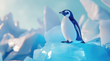 Naklejka premium a penguin standing on ice, symbolizing wildlife and conservation. The background is a gradient of blue and white, representing the icy Antarctic. 