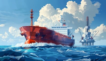 A bulk carrier tanker against the backdrop of a drilling platform for the extraction of fuel oil or gas in the ocean.