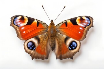 Peacock butterfly with open wings on a clean white background