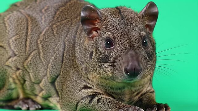 Captivating Bear Cuscus Portrait with Textured Fur on Vibrant Green Studio Background