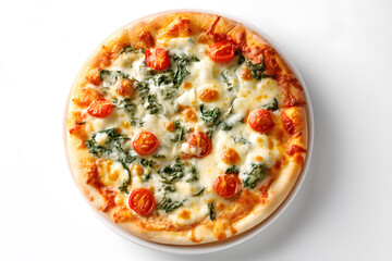 Close-up of spinach tomato pizza, isolated on white backdrop, top view, representing Italian cuisine and delicious comfort food.