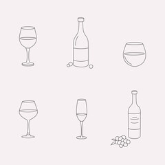 Wine glass doodle vector illustration. Outline line art of glasses collection set for cartoon, book, asset, design, material, menu, cafe, coloring book, bar
