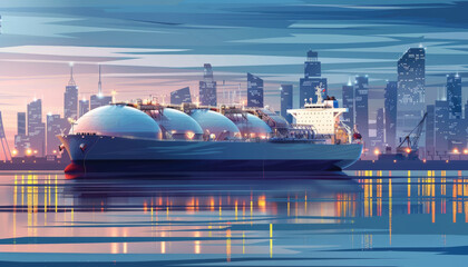 A tanker carrying liquefied natural gas sails in a port with a large city in the background. Transportation of LNG across the ocean.
