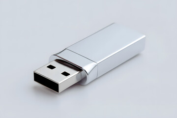 Silver USB flash drive with blank surface, isolated on a white background for technology or branding presentations.