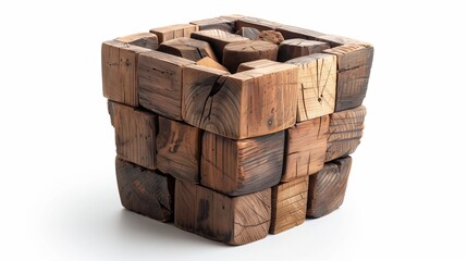 decorative pot made of reclaimed wood blocks on white background
