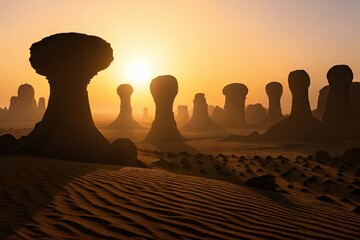 Backlit Sunrise over Ennedi Plateau Mushroom Rock Formations