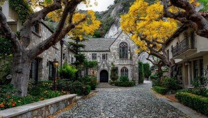 Naklejka premium Cobblestone Pathway Amidst Yellow Trees and Charming White Buildings