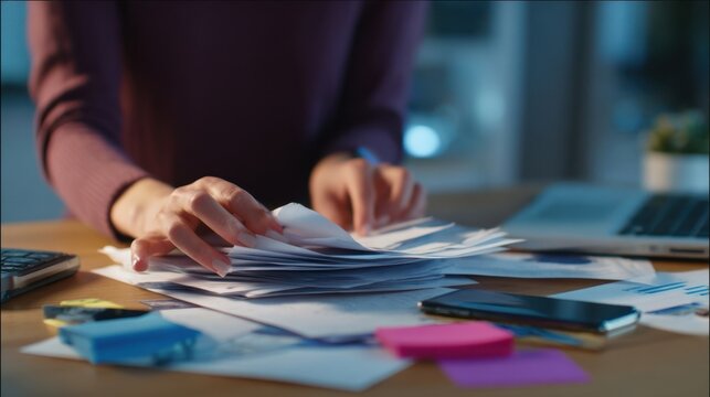 Office worker is searching through a stack of paperwork at night, surrounded by a laptop, smartphone, calculator, and sticky notes, suggesting a busy and demanding work environment