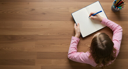 people, children and education concept - girl with tablet pc computer writing to notebook at home