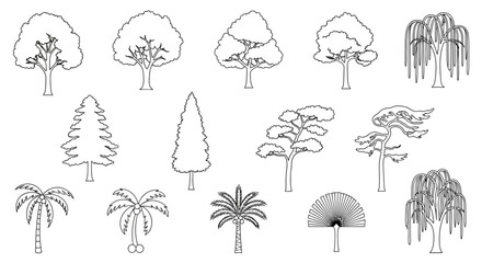 A diverse collection of black and white line art tree outlines, showcasing various species for architectural plans, landscape design, or graphic elements.