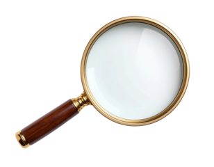 Classic Magnifying Glass with Wooden Handle, Top-Down View, Isolated on White Background