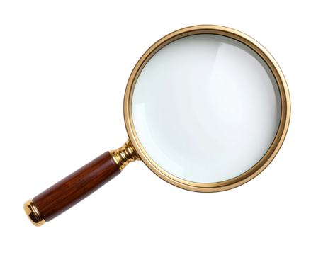 Classic Magnifying Glass with Wooden Handle, Top-Down View, Isolated on White Background