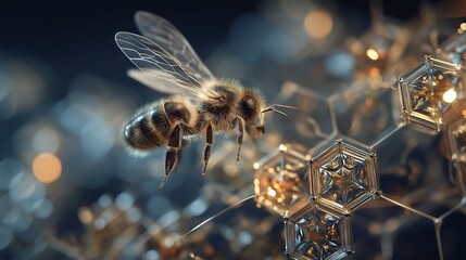 A delicate bumblebee hovering over glowing geometric honeycomb structures with a medicinal aura.