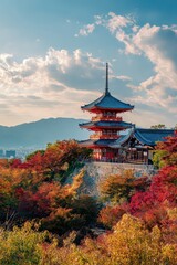 Naklejka premium Colorful Autumn Pagoda In Japan