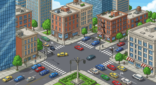 A detailed isometric illustration captures a bustling urban intersection with numerous vehicles navigating crosswalks amidst diverse city buildings and green spaces.