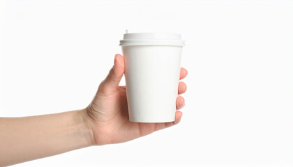 Obraz premium Hand holding a plain white disposable coffee cup with lid, isolated on white background