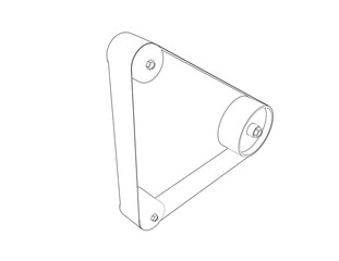 Monochrome Wireframe Technical Drawing of a Belt Grinder Abrasive Polisher Wheel and Sharpener Mechanism Part. Simple Line Art Industrial Mechanical Blueprint Illustration.