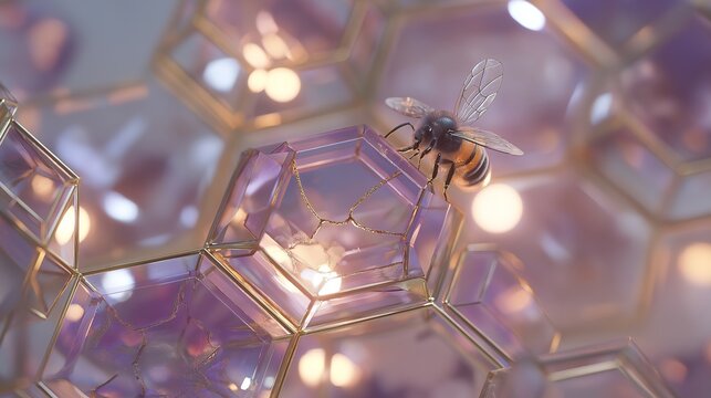 A delicate bumblebee hovering over glowing geometric honeycomb structures with a medicinal aura.