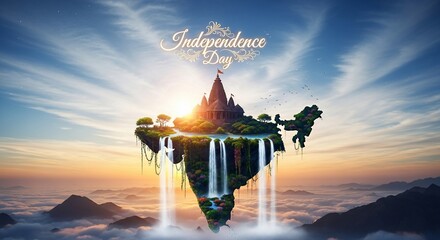 Indian Independence Day celebration with a surreal floating map of India, a temple, and waterfalls.