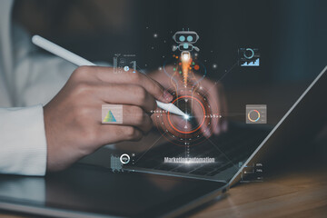 Concept professional uses stylus to interact with holographic AI marketing automation interface, analyzing charts, metrics, and data visualization to optimize digital campaigns in high tech workspace.