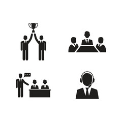 Set of four business icons representing teamwork, success, a meeting, a presentation, and customer support with a headset, all in a clean black and white silhouette style