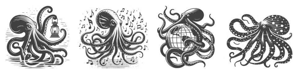 Obraz premium Vintage Hand-Drawn Kraken Holding Lantern Illustration, Mythical Creature Engraved Vector for Nautical and T-Shirt Design