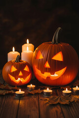 Two glowing carved pumpkins sit beside flickering candles on a rustic wooden surface, framed by a deep black background. The warm light and organic texture