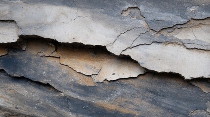 Close-up view of cracked geological rock layers displaying intricate textures and earthy colors in natural setting