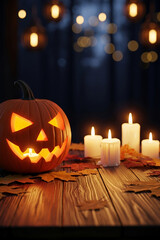 Obraz premium A carved pumpkin sits among glowing candles and warm bokeh lights atop a rustic wooden table. The soft blur of lights enhances the cozy, magical atmosphere of a Halloween evening.