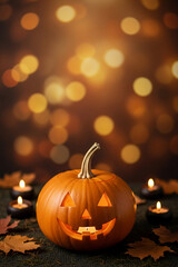 A glowing Halloween pumpkin is surrounded by autumn leaves and candles, all set against a soft golden bokeh background. The blurred lights create a magical, cozy ambiance.