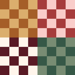 Colorful trendy gingham checker board square seamless pattern collection. Geometric square background in vintage 70s style. 