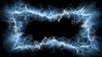 Electric blue lightning frames a black void, crackling energy surrounds the space