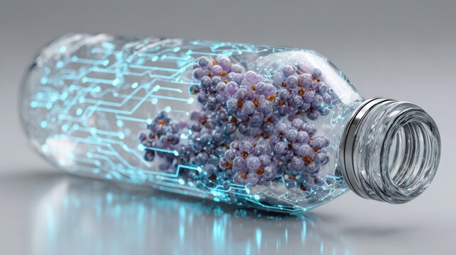 Cyan nano-mesh fragment of PET bottle with titanium dioxide photocatalyst nanoparticles