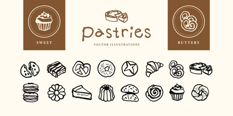 Dessert and Pastry Illustration Bundle - Cookies, Donuts, Croissants, Cakes, Cupcakes, Tarts, Macarons, Muffins, and Sweet Treats in Hand Drawn Illustration Style