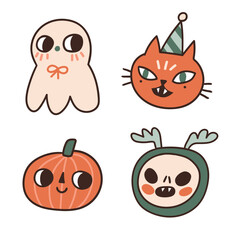 Doodle vector Halloween clip art. Funny kids magic sticker set - pumpkin, cat, deer spirit and ghost. Cute anime characters isolated on white background. Autumn holiday print for t-shirt