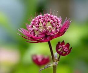 Red Astrantia major Claret, or Claret Masterwort in flower, in the wild
