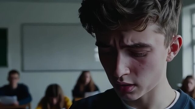 A teenager sits nervously at an exam, showing signs of stress. Classmates focus on their papers while the tension in the room becomes palpable, highlighting academic pressure.