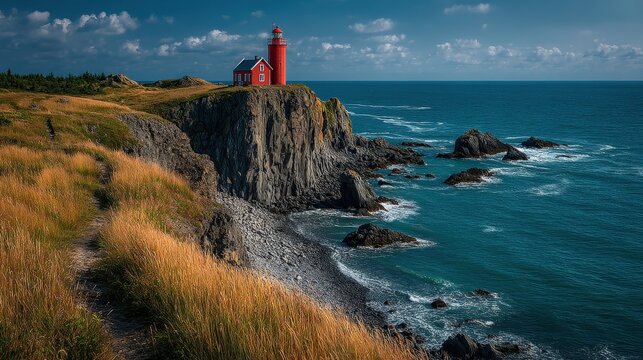 Coastal cliff with a red lighthouse overlooking the North Atlantic in summer