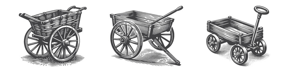 Fototapeta premium Vintage Hand-Drawn Handcart Illustration, Traditional Transport Engraved Vector for Market and T-Shirt Design
